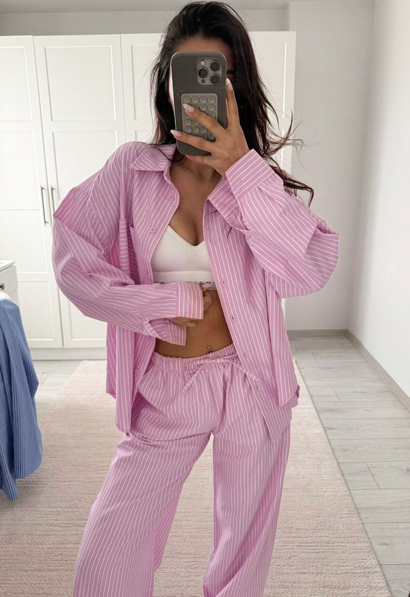 Polyester striped casual simple women's long-sleeved trousers loose suit