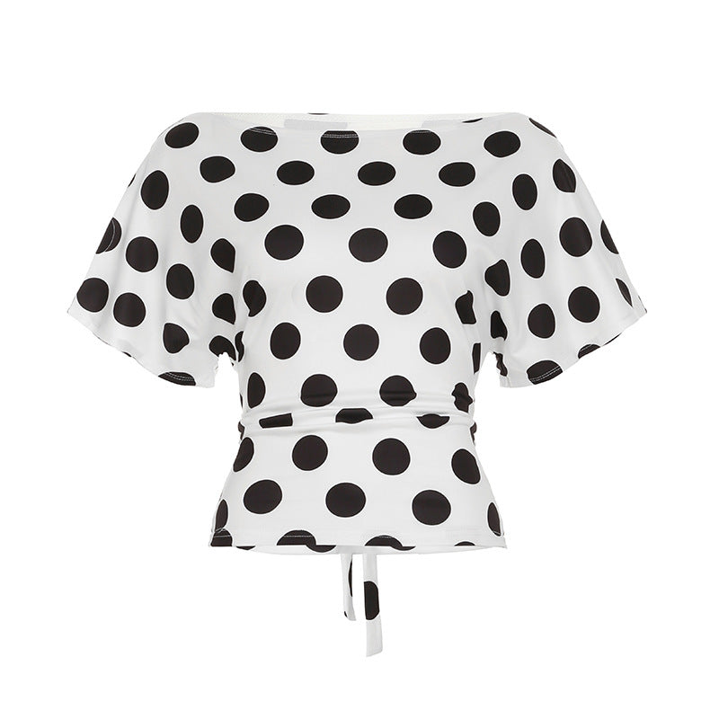 Polka dot contrasting color printing diagonal collar spill shoulder bat short-sleeved pullover top high waist hip skirt Set