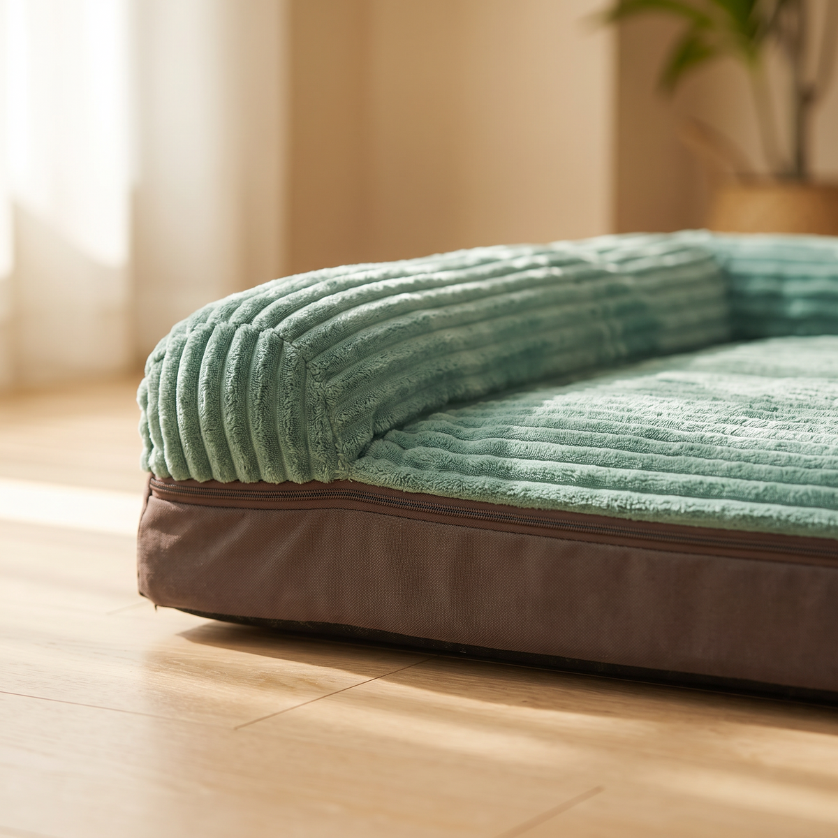 Close up of the bolster edge and cover zip on the Solvane dog bed
