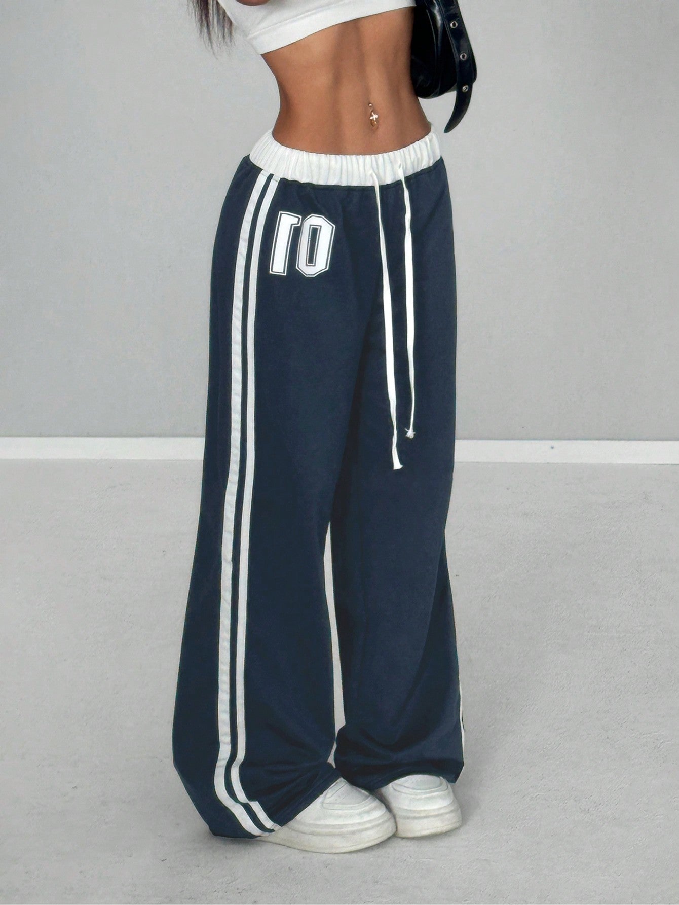 Numeric Print Waistband Patchwork Casual Sports Street Retro Style Loose Long Sweatpants