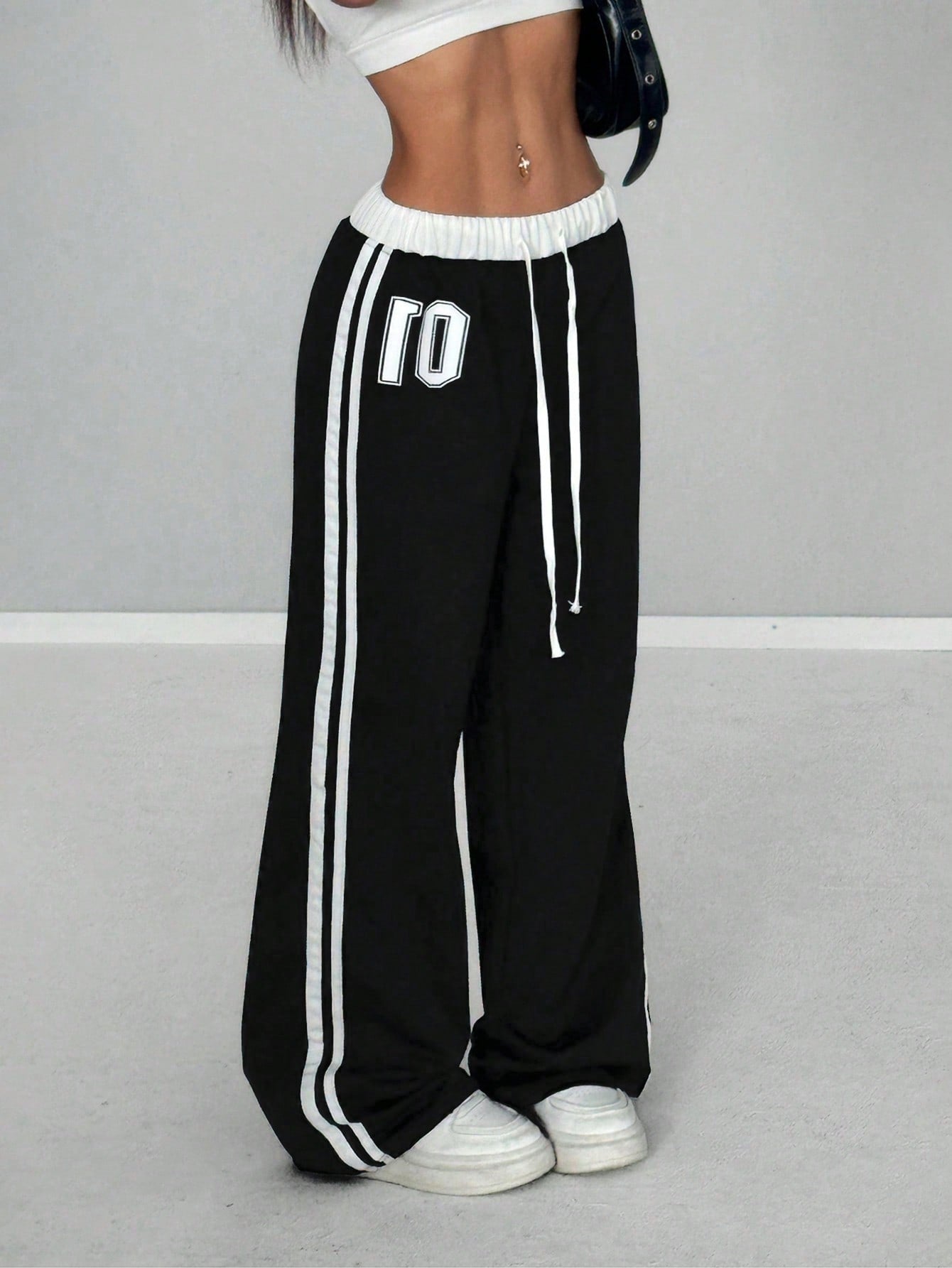 Numeric Print Waistband Patchwork Casual Sports Street Retro Style Loose Long Sweatpants