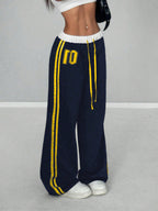 Numeric Print Waistband Patchwork Casual Sports Street Retro Style Loose Long Sweatpants