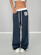 Numeric Print Waistband Patchwork Casual Sports Street Retro Style Loose Long Sweatpants