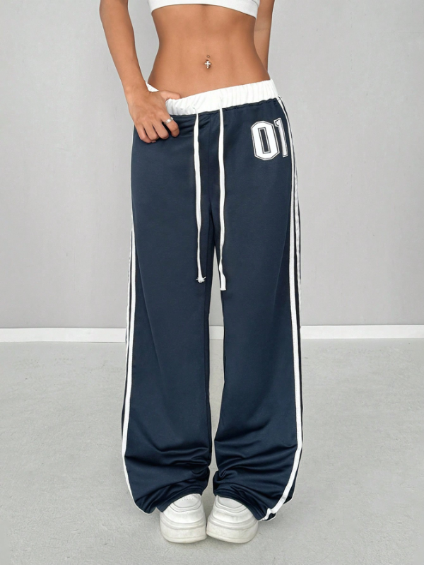 Numeric Print Waistband Patchwork Casual Sports Street Retro Style Loose Long Sweatpants