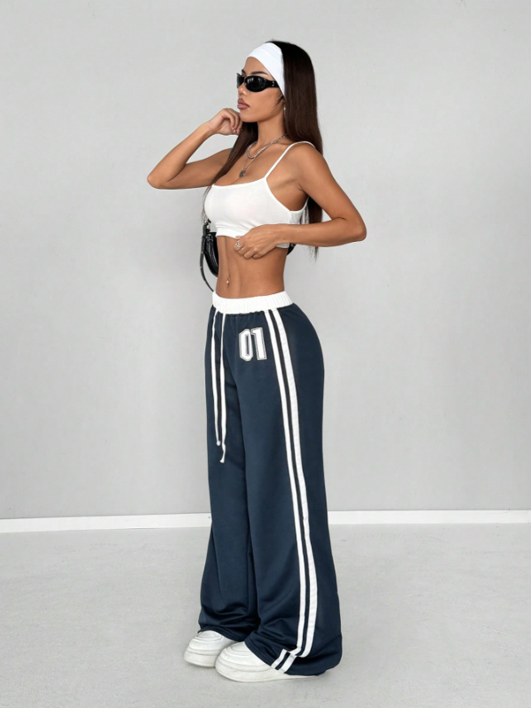 Numeric Print Waistband Patchwork Casual Sports Street Retro Style Loose Long Sweatpants