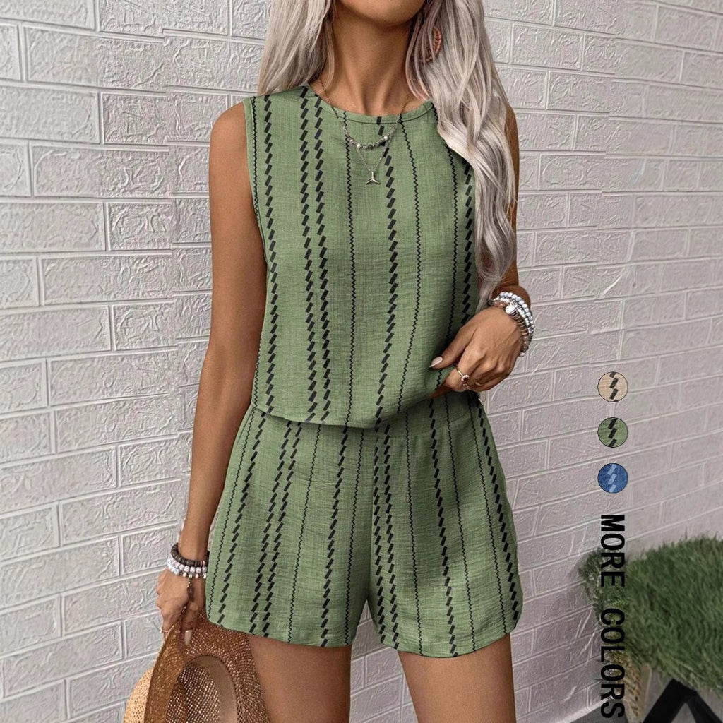 Casual Craft Striped Printed Sleeveless Tank Top Shorts Two-piece Set