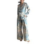 Printed long-sleeved lace-up shirt high-waisted wide-leg pants for women