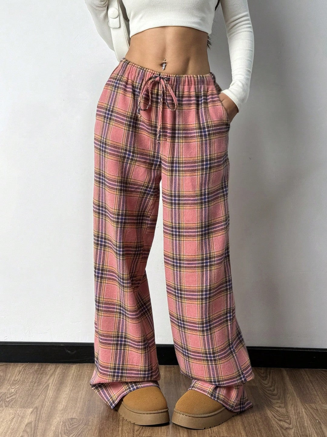 Girls sweet and cool style sub-color block splicing waist straight Pants