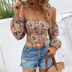 Printed Lantern Sleeve Chiffon Shirt Women's Top