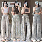 Bohemian ice silk linen retro printing wide-leg pants