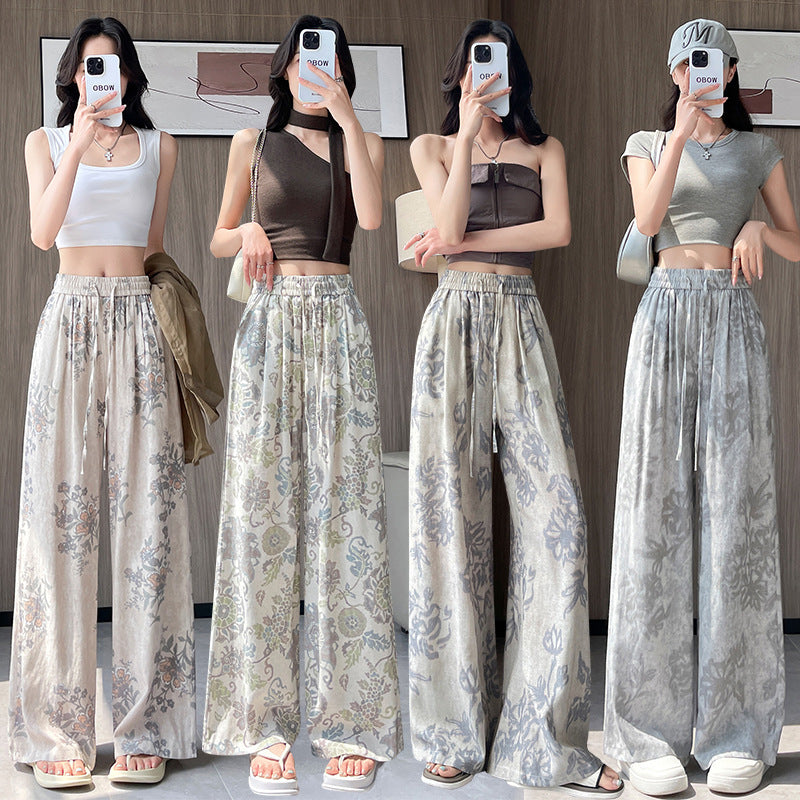 Bohemian ice silk linen retro printing wide-leg pants