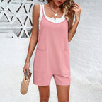 Solid color pocket suspender one-piece pants