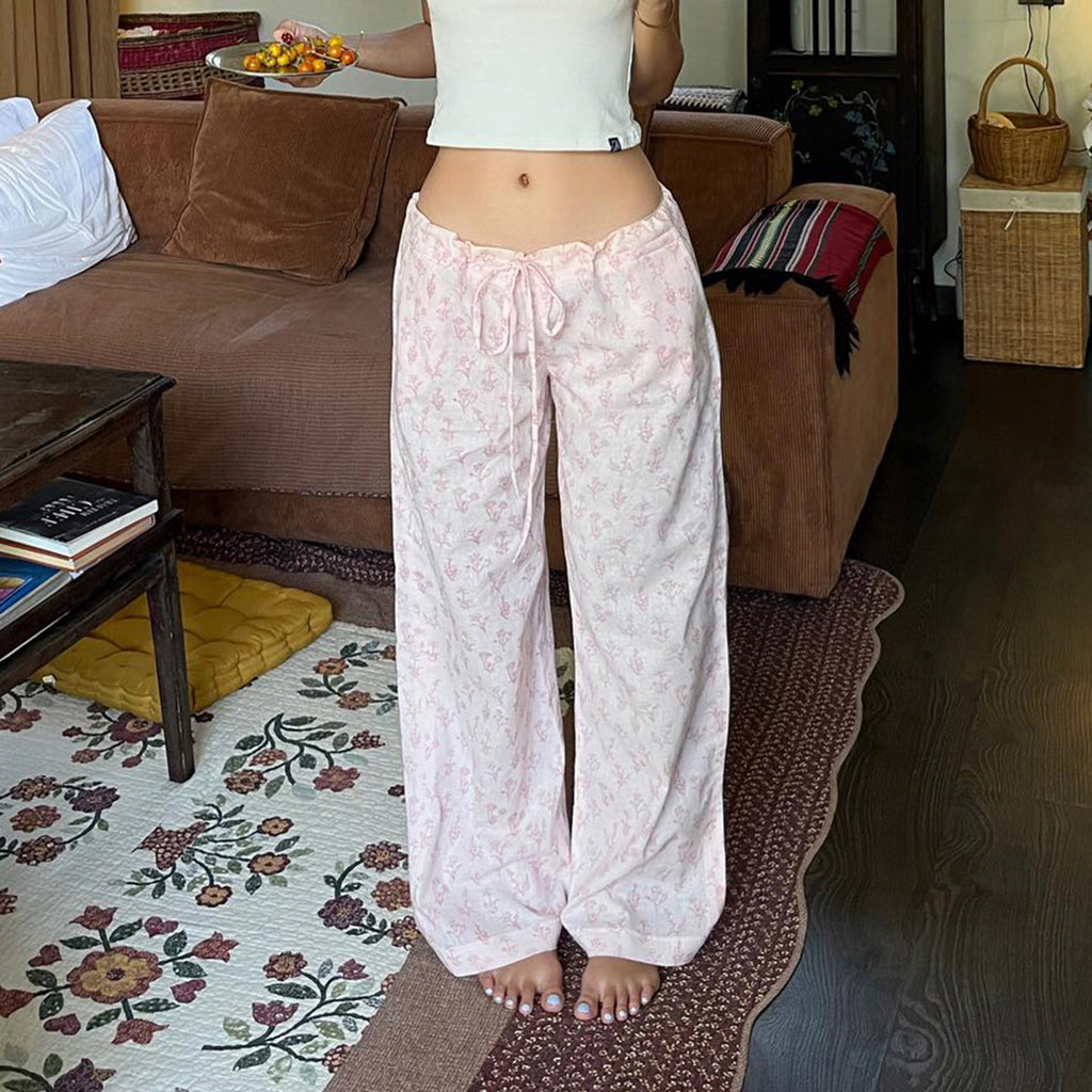 Pink floral lace-up low-rise loose straight pants