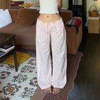 Pink floral lace-up low-rise loose straight pants
