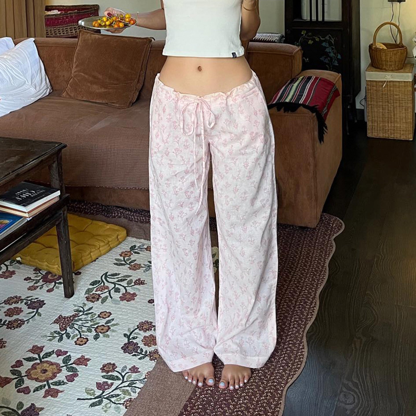 Pink floral lace-up low-rise loose straight pants