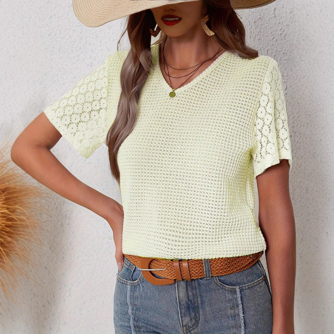 Lace Splicing Short Sleeve V-Neck Short Sleeve T-Shirt