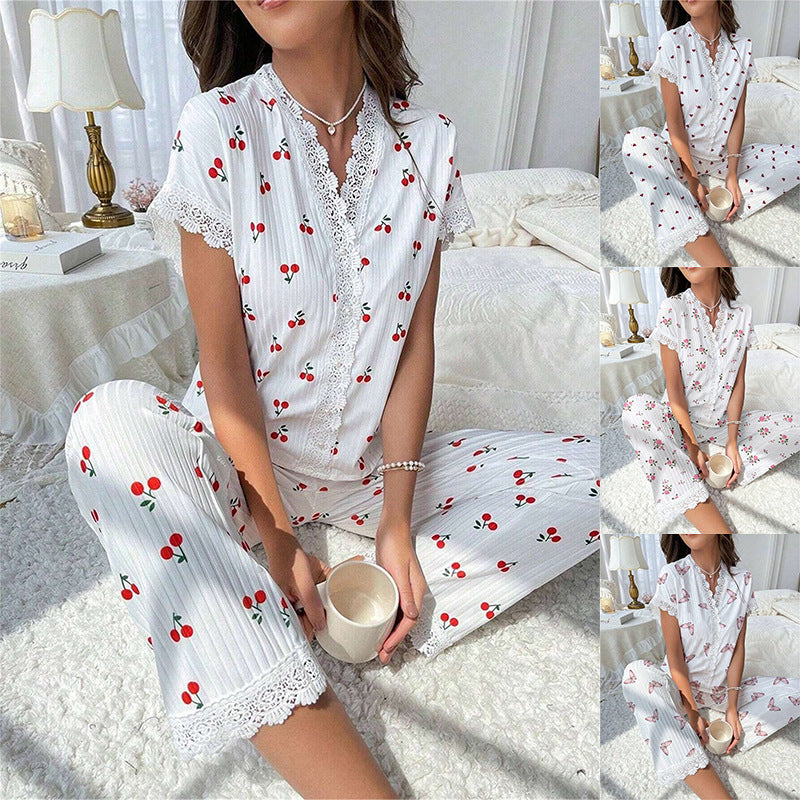Cherry print water-soluble embroidery lace short-sleeved and pants set pajamas