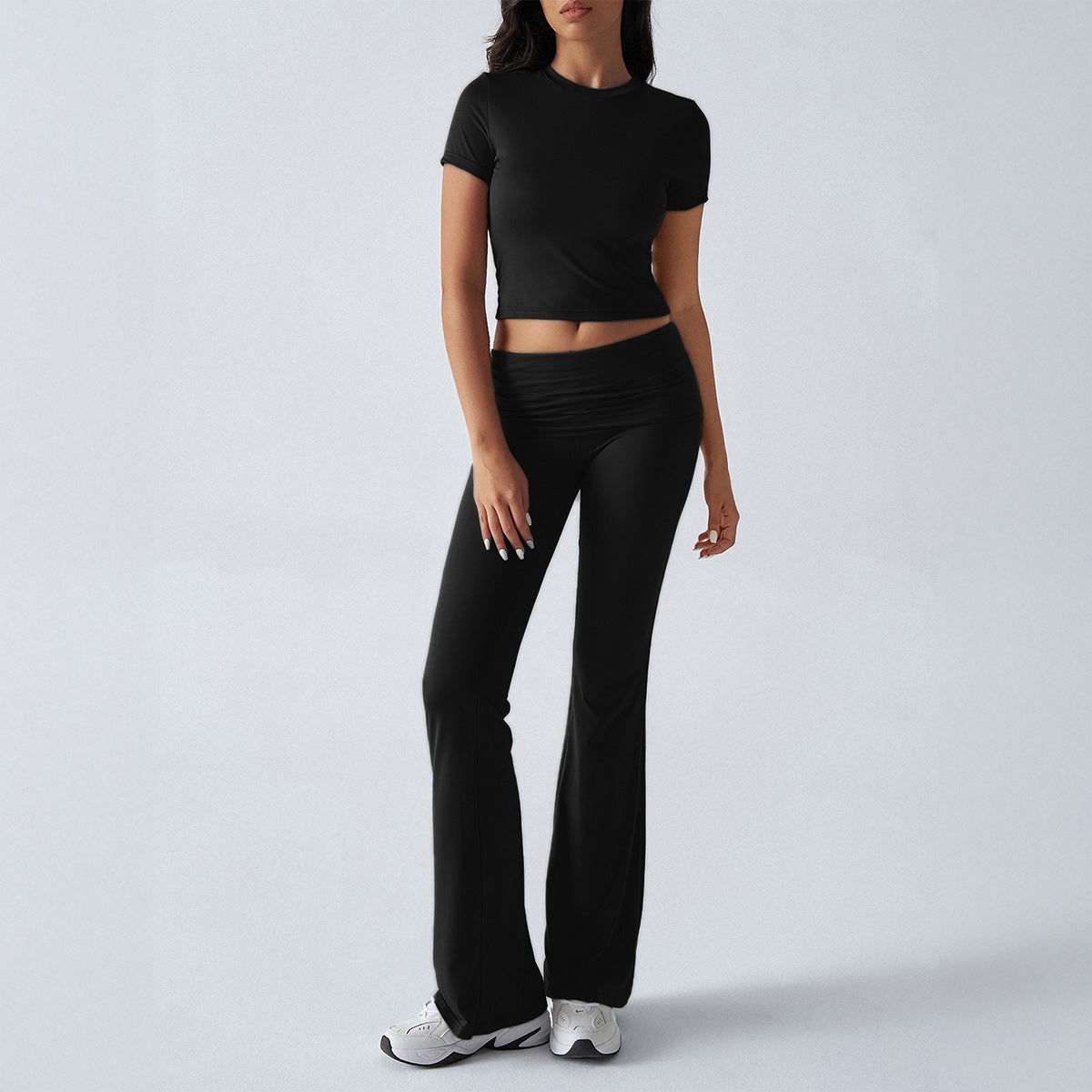 Casual solid color slim-fit short-sleeved top and pants set