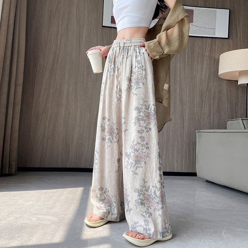 Bohemian ice silk linen retro printing wide-leg pants