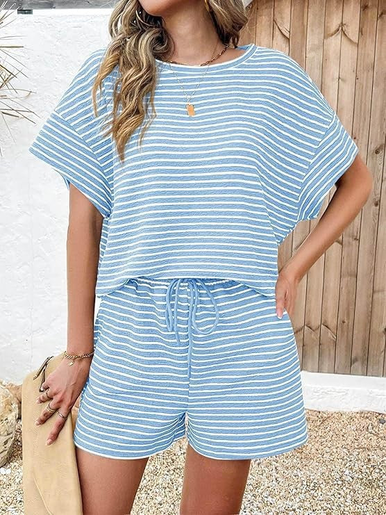 Striped Short Sleeve T-Shirt Drawstring Shorts Set