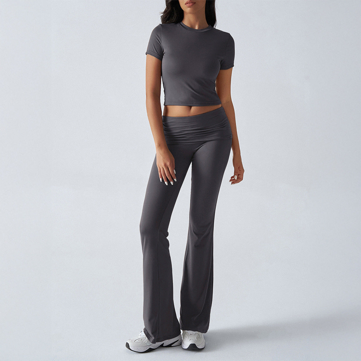 Casual solid color slim-fit short-sleeved top and pants set