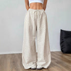 Drawstring elastic waist lazy versatile wide striped casual straight pants