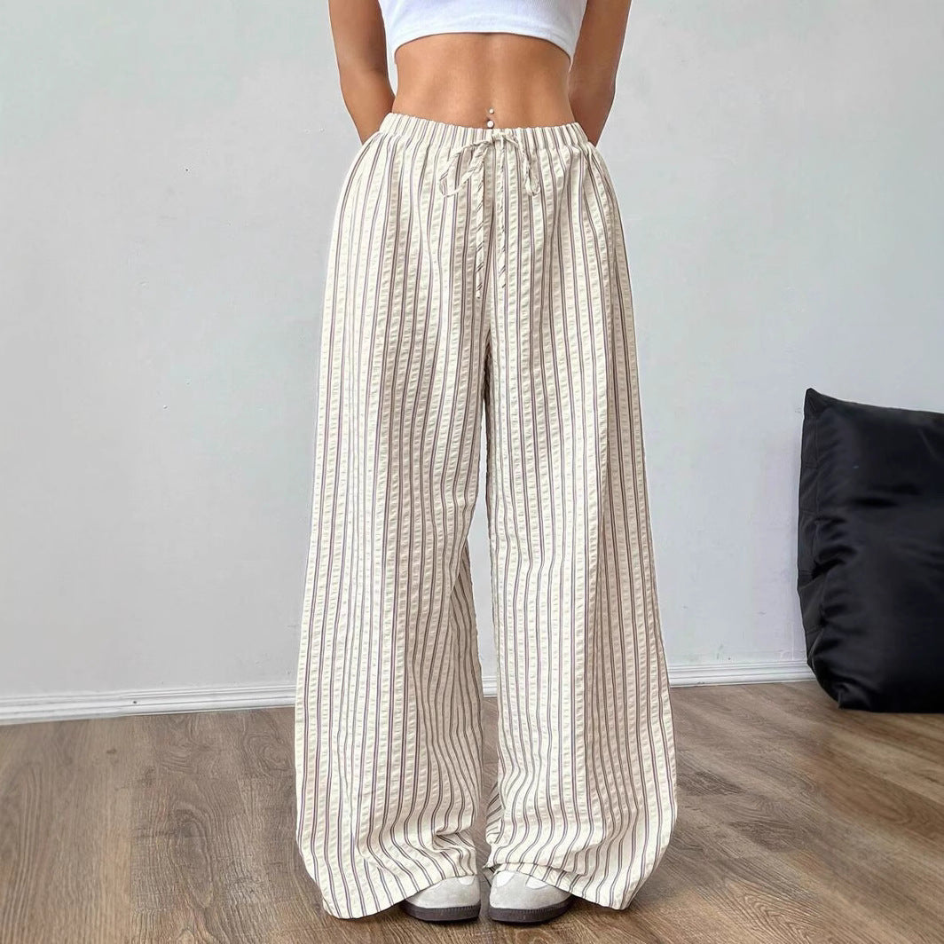 Drawstring elastic waist lazy versatile wide striped casual straight pants