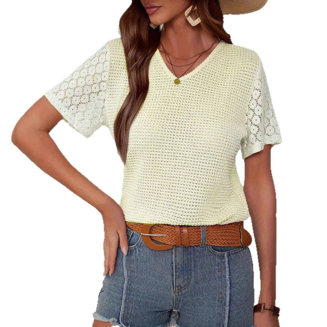 Lace Splicing Short Sleeve V-Neck Short Sleeve T-Shirt