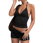 Yoga neck T-shirt shorts women's two-piece suit