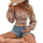 Printed Lantern Sleeve Chiffon Shirt Women's Top