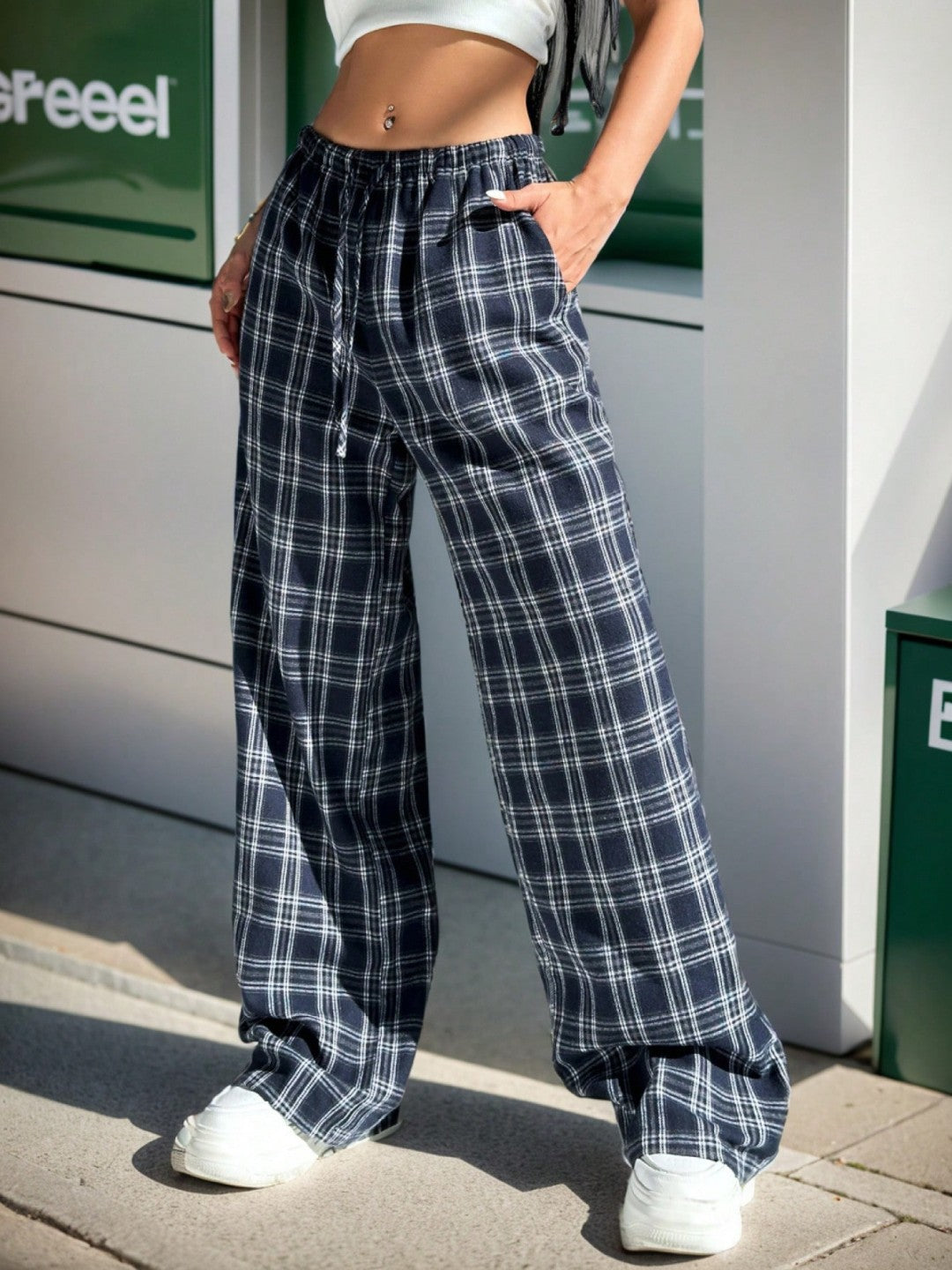 Girls sweet and cool style sub-color block splicing waist straight Pants