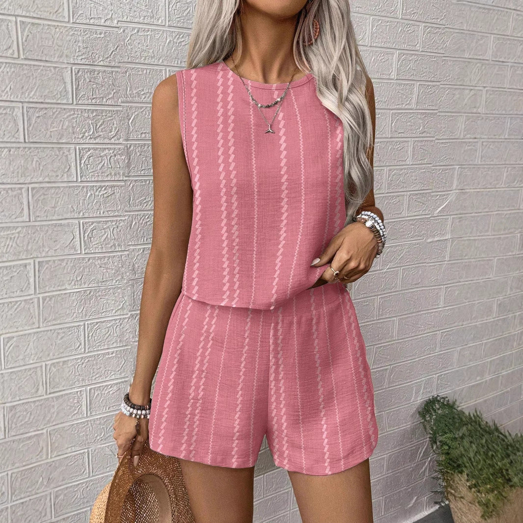 Casual Craft Striped Printed Sleeveless Tank Top Shorts Two-piece Set