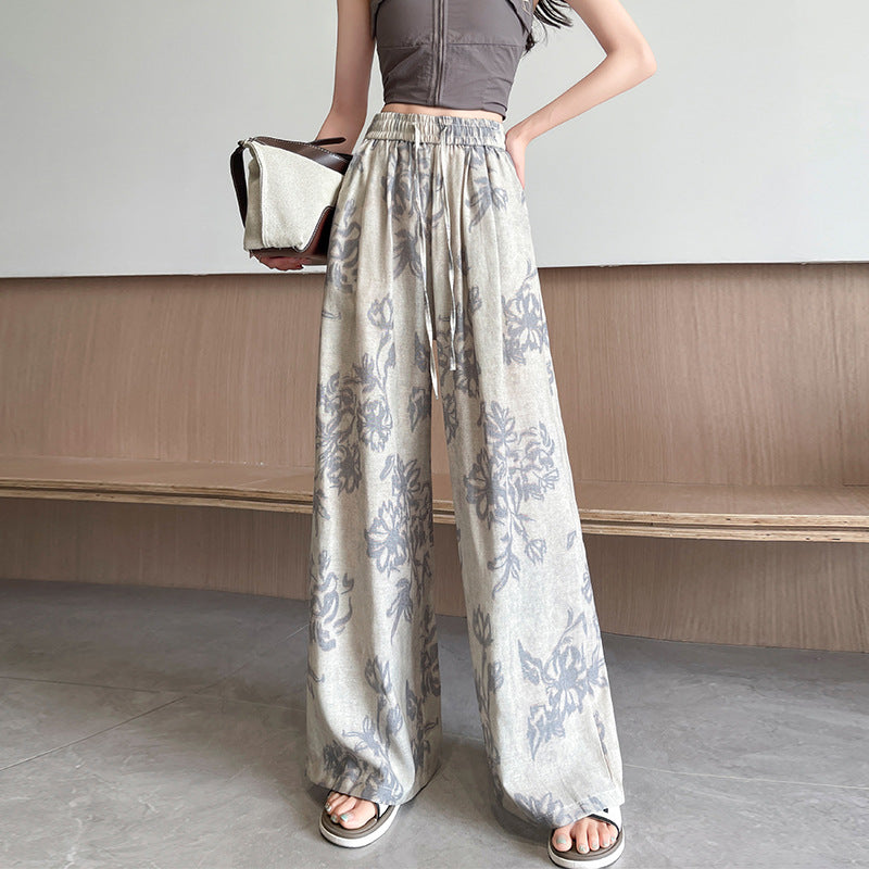 Bohemian ice silk linen retro printing wide-leg pants