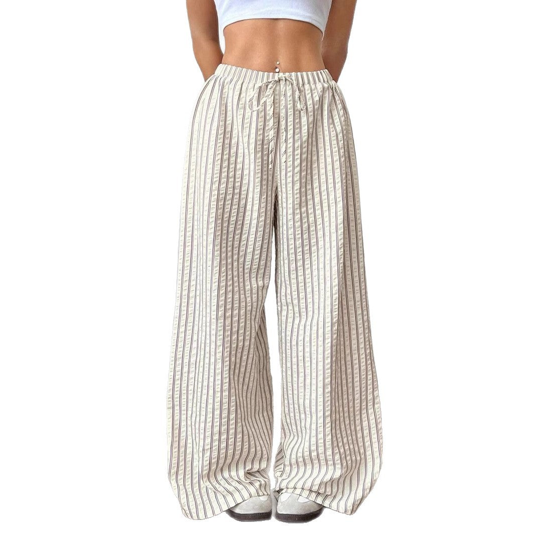 Drawstring elastic waist lazy versatile wide striped casual straight pants