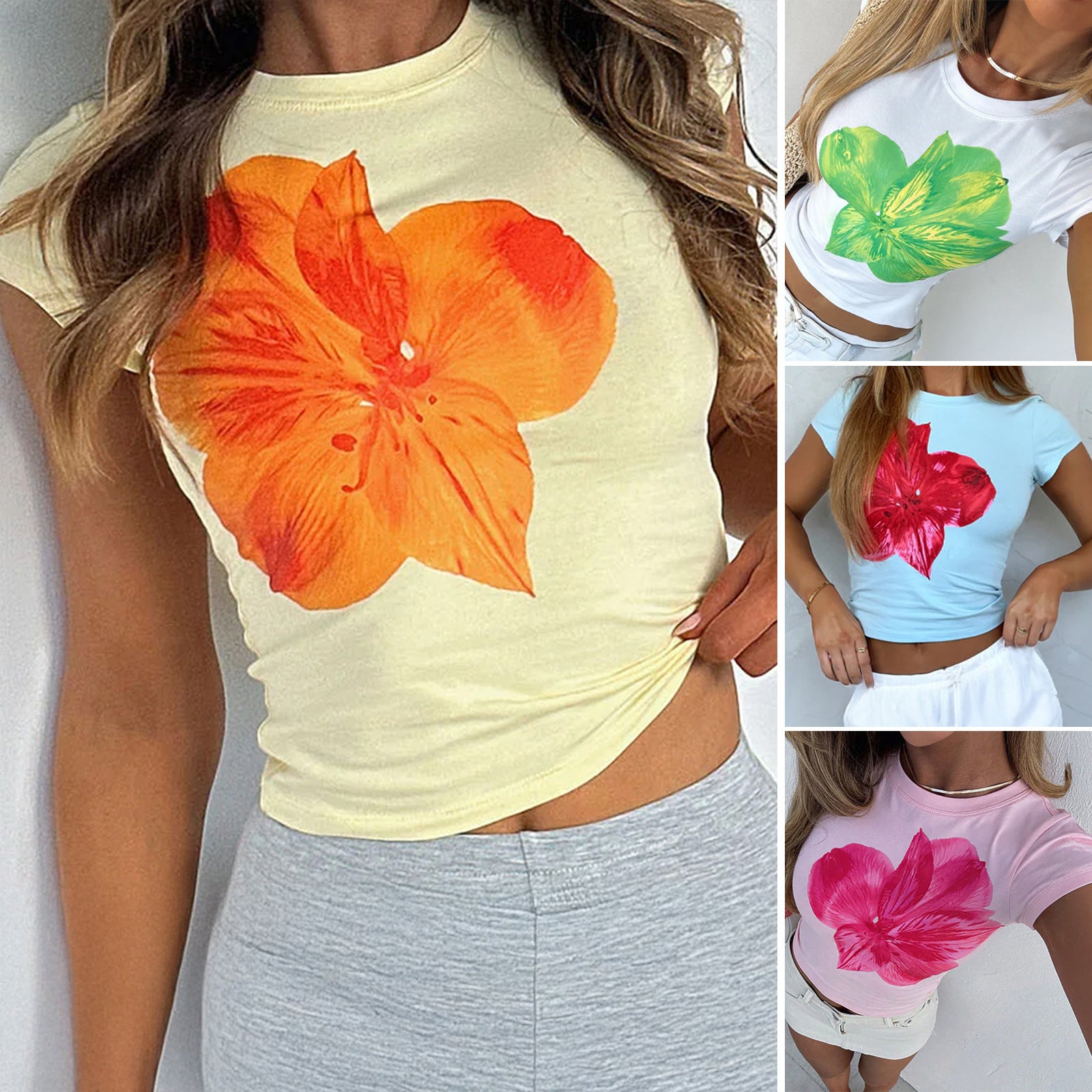 Slim-fitting waist flower print short-sleeved T-shirt
