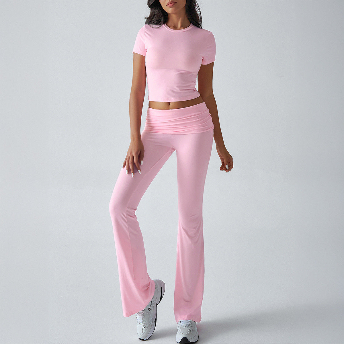 Casual solid color slim-fit short-sleeved top and pants set