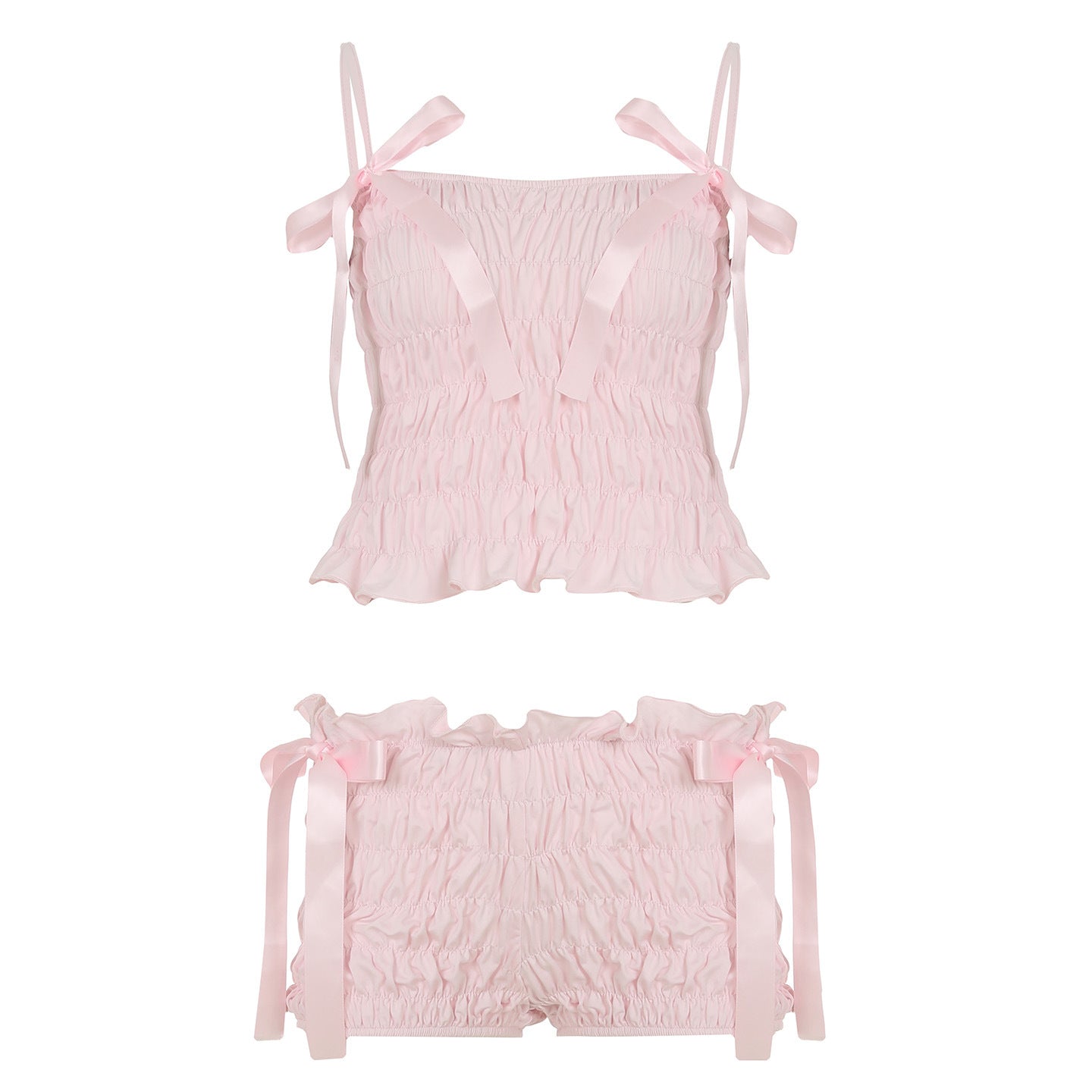 Pleated Lace-Up Bow Basic Top and Shorts Set
