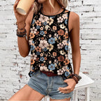 Printed Loose Casual Crew Neck Sleeveless  Summer Top