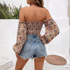 Printed Lantern Sleeve Chiffon Shirt Women's Top