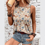 Printed Loose Casual Crew Neck Sleeveless  Summer Top
