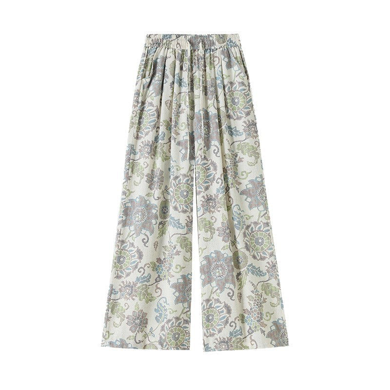 Bohemian ice silk linen retro printing wide-leg pants