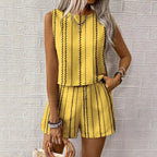 Casual Craft Striped Printed Sleeveless Tank Top Shorts Two-piece Set