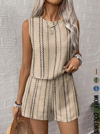 Casual Craft Striped Printed Sleeveless Tank Top Shorts Two-piece Set