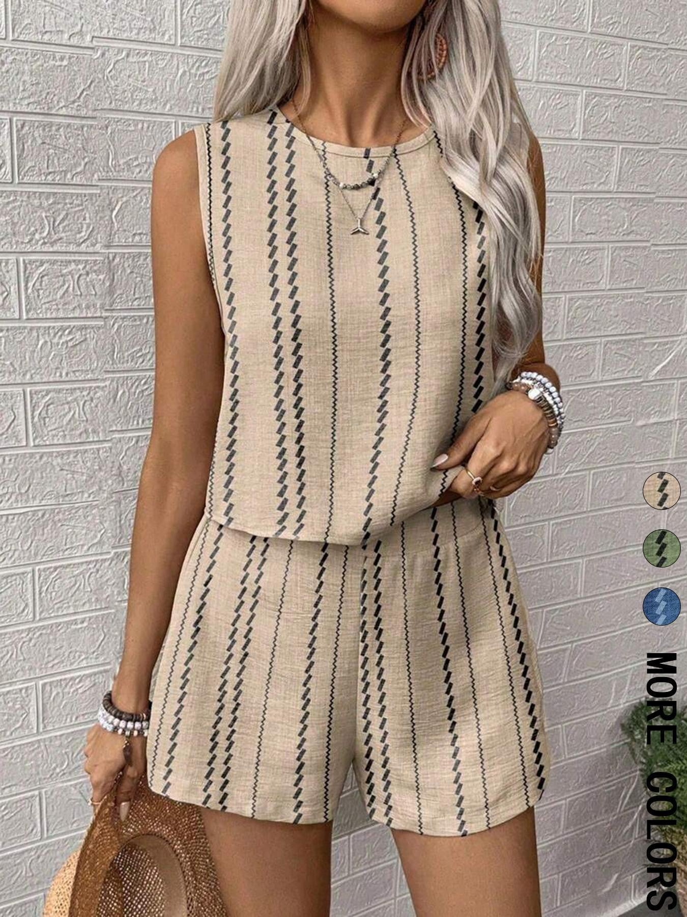 Casual Craft Striped Printed Sleeveless Tank Top Shorts Two-piece Set