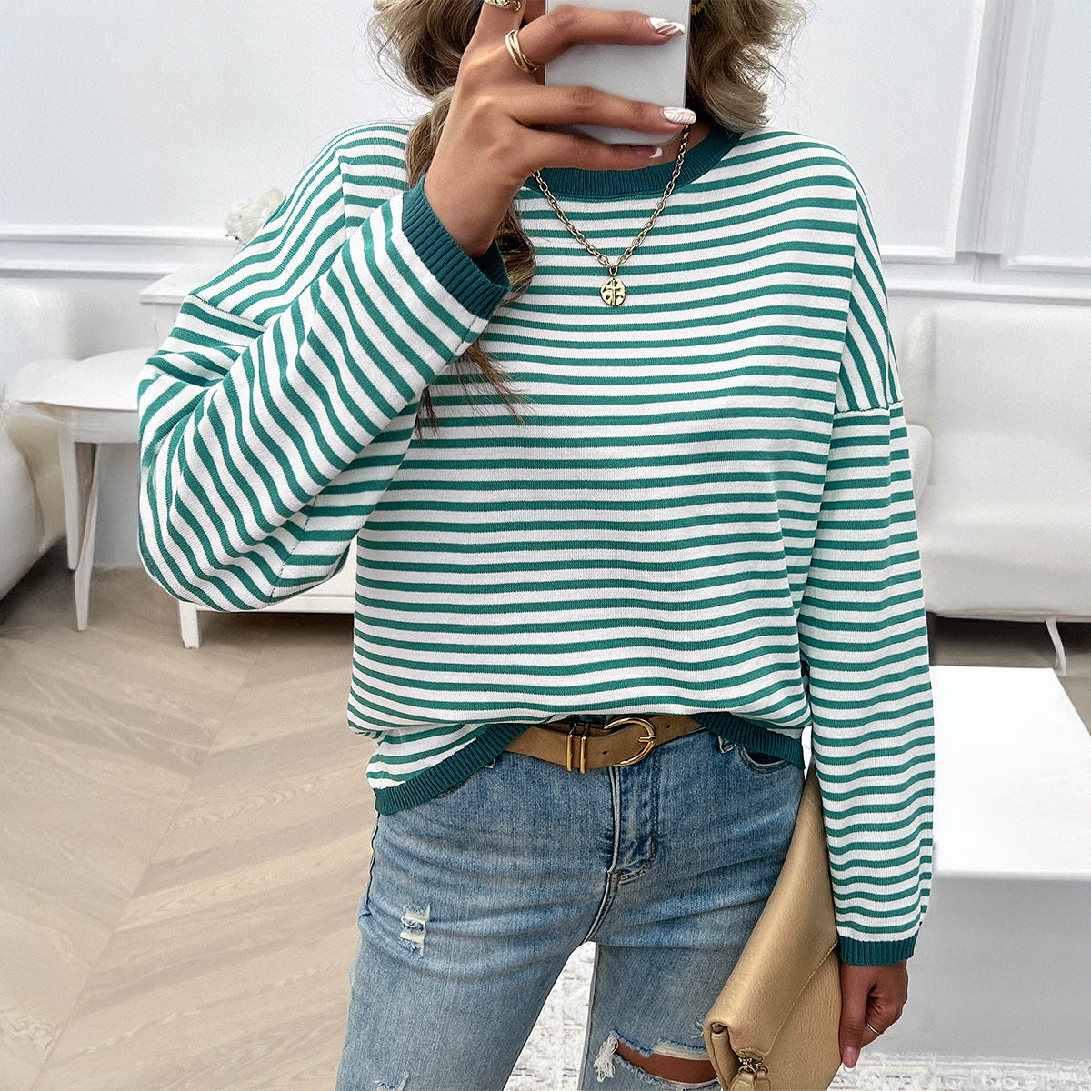 Casual crew neck striped sweater