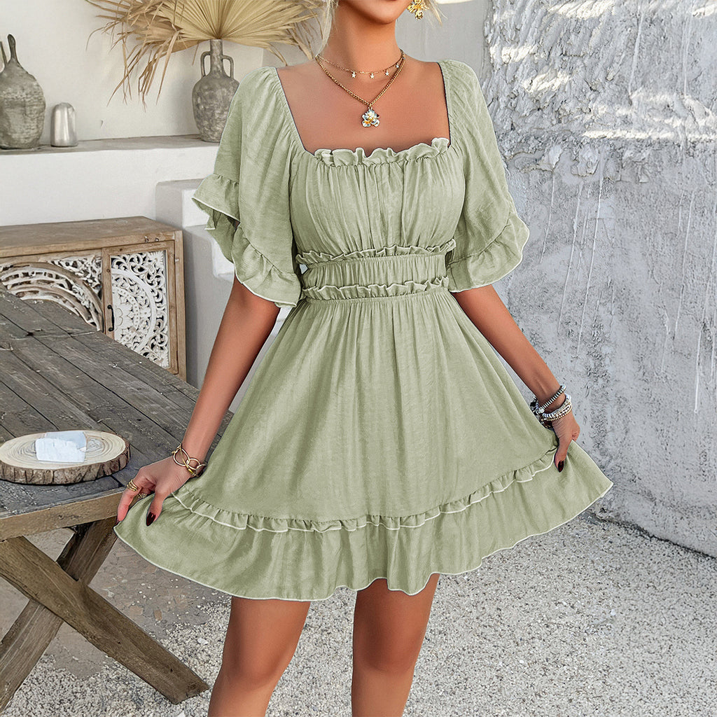 Solid color fungus edge short-sleeved dress
