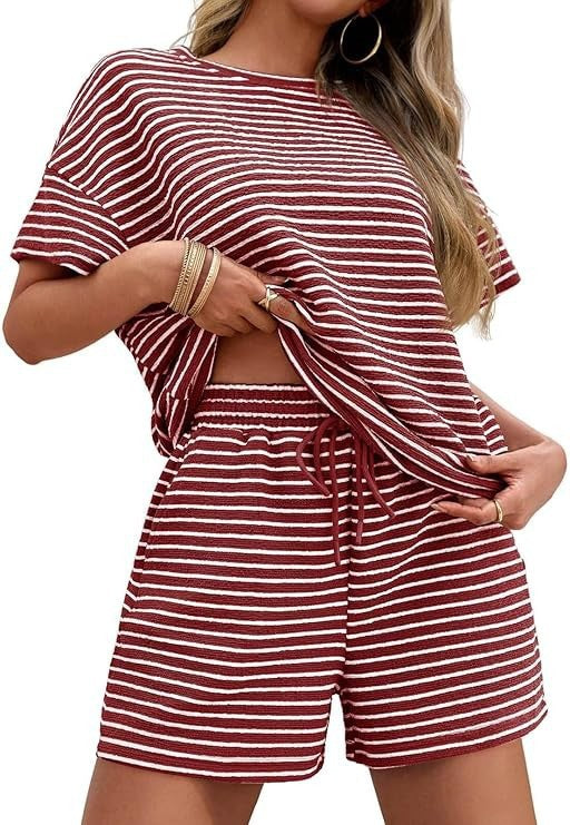 Striped Short Sleeve T-Shirt Drawstring Shorts Set