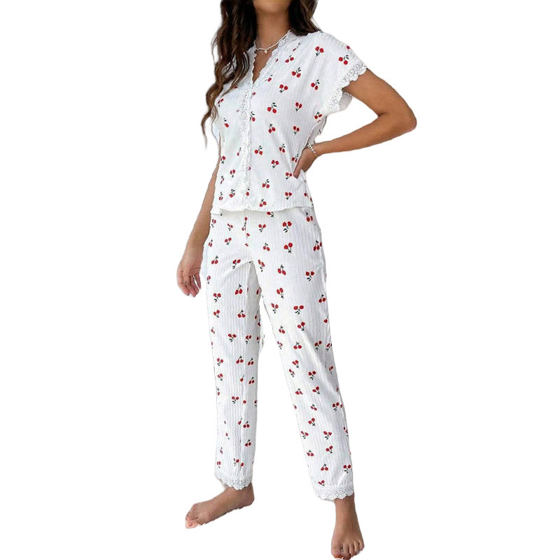 Cherry print water-soluble embroidery lace short-sleeved and pants set pajamas