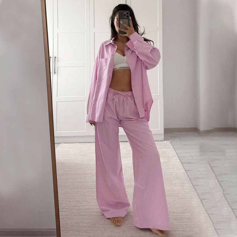 Polyester striped casual simple women's long-sleeved trousers loose suit