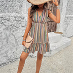 Vacation style printing V-neck women's short skirt dress